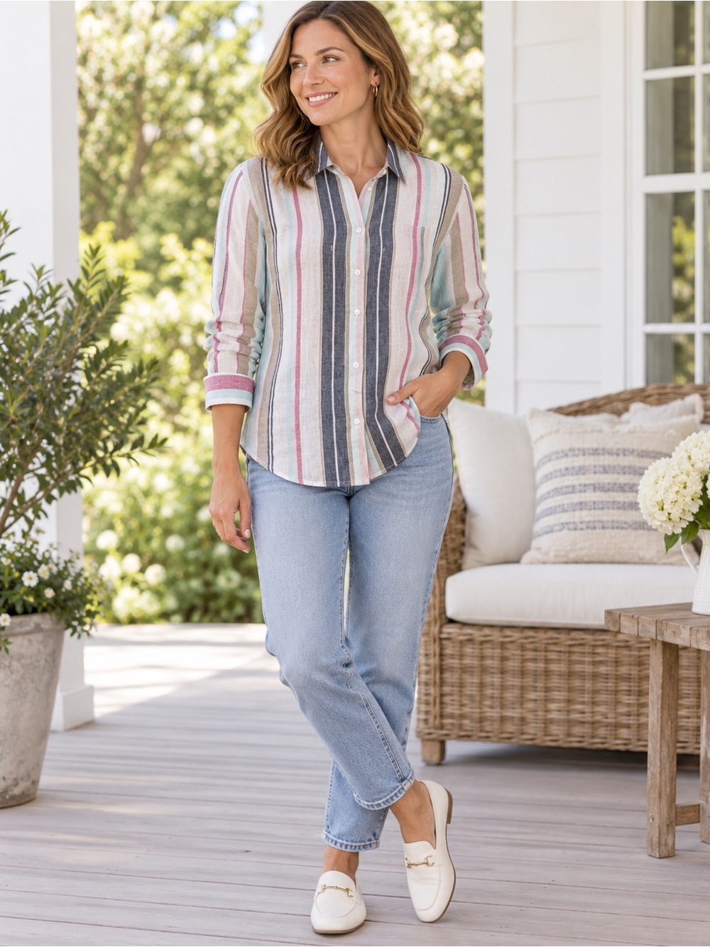 Charter Club Luxury Linen Shirt Medium 100% Linen Striped Button Front
